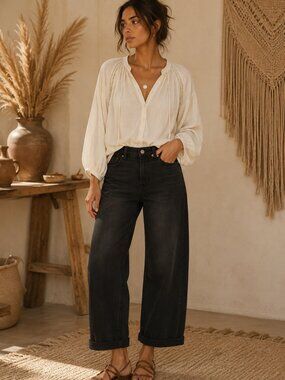 56. RISEN Women's Black High Rise Cropped Barrel Cuffed Hem Jeans Pants